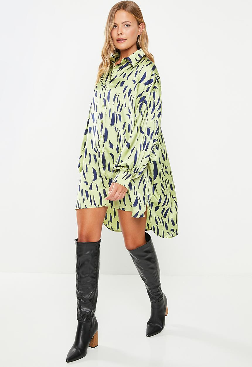 Glamorous - Satin shirt dress - green & navy strokes