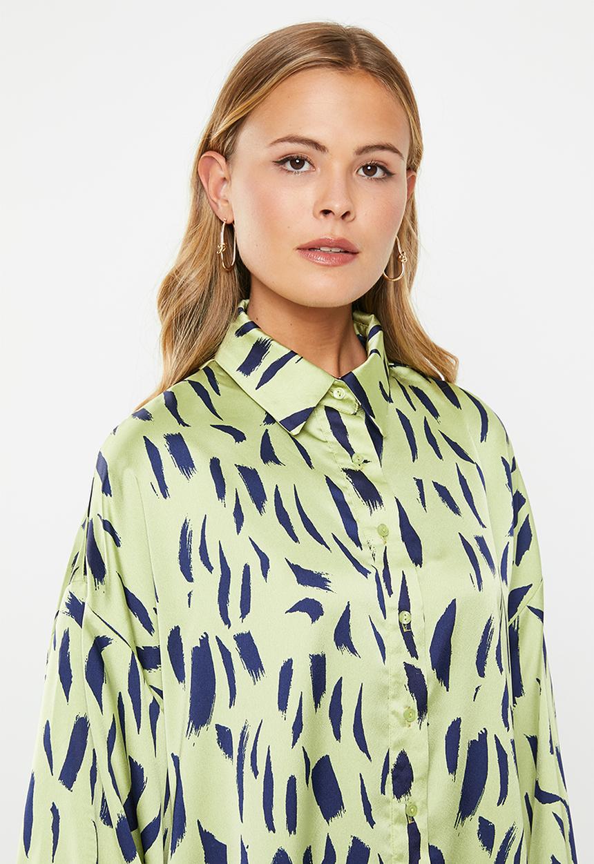 Glamorous - Satin shirt dress - green & navy strokes