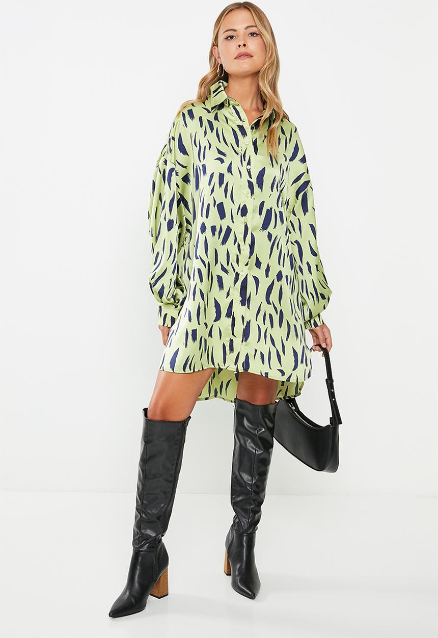 Glamorous - Satin shirt dress - green & navy strokes