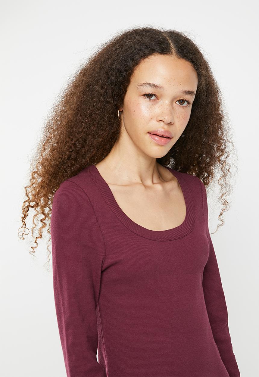 Cotton On - Rib long sleeve mini dress - purple brown
