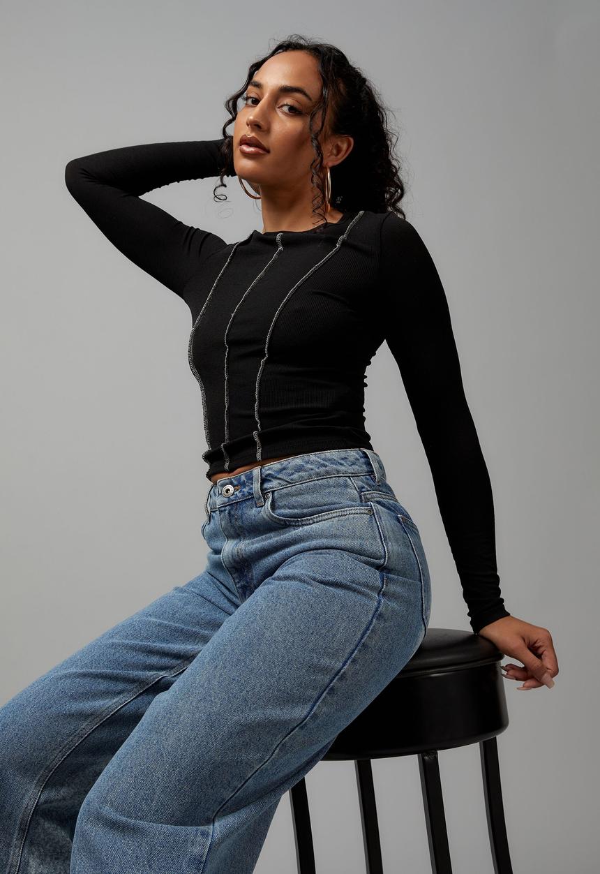 Factorie - Sheer long sleeve top - black/white