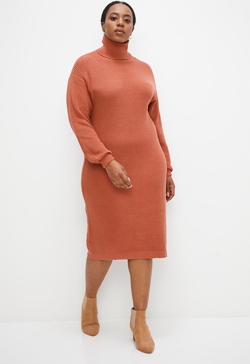 edit Plus - Chunky roll neck knitwear dress - rust