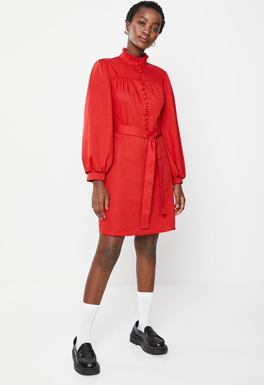 Trendyol - Stand up collar tie detail dress - red