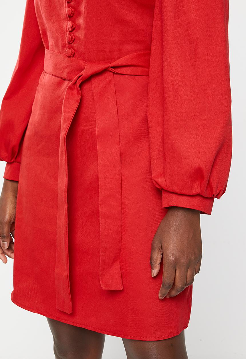 Trendyol - Stand up collar tie detail dress - red