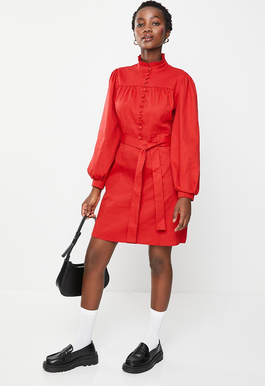 Trendyol - Stand up collar tie detail dress - red
