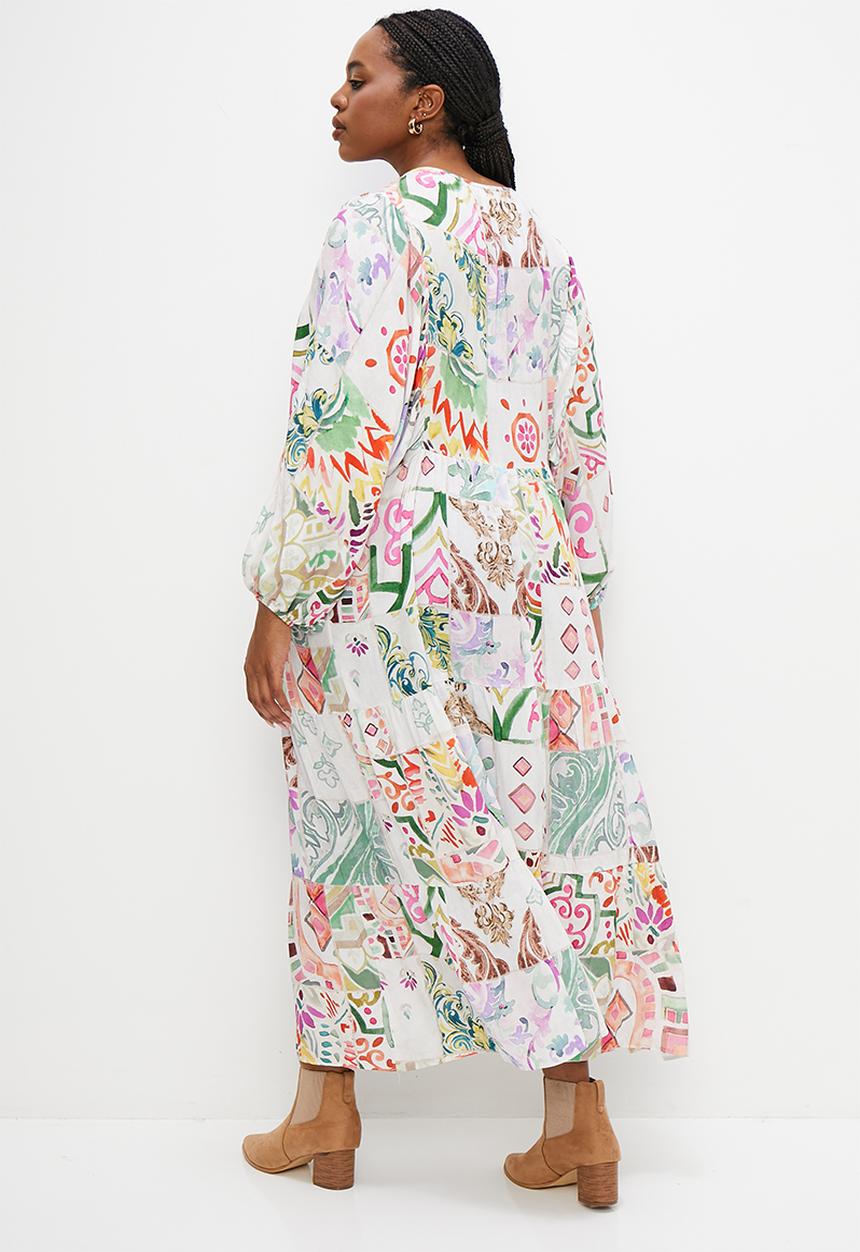 edit Plus - Tiered dress with front ties - patchwork border print
