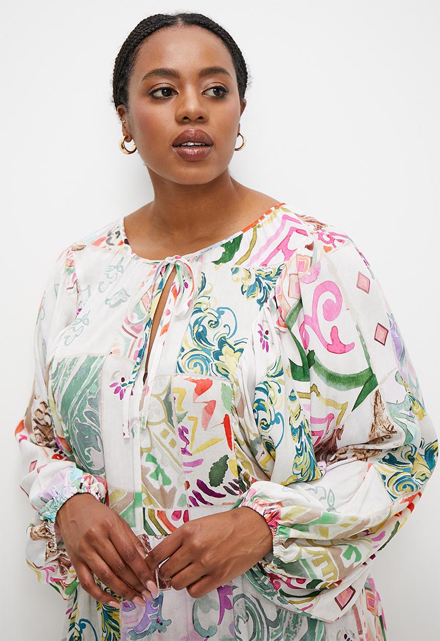 edit Plus - Tiered dress with front ties - patchwork border print