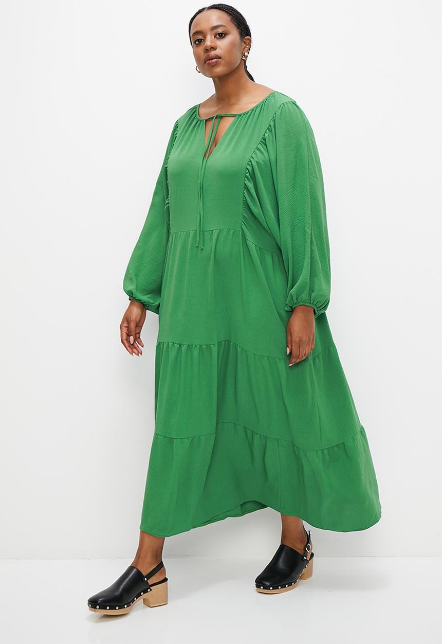 edit Plus - Tiered dress with front ties - green