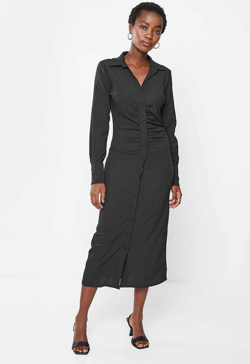 Trendyol - Ruched waist button down dress - black
