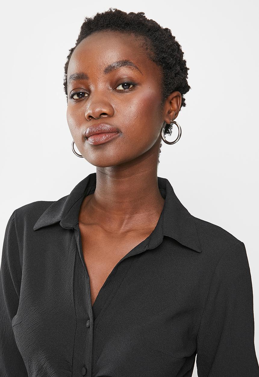 Trendyol - Ruched waist button down dress - black