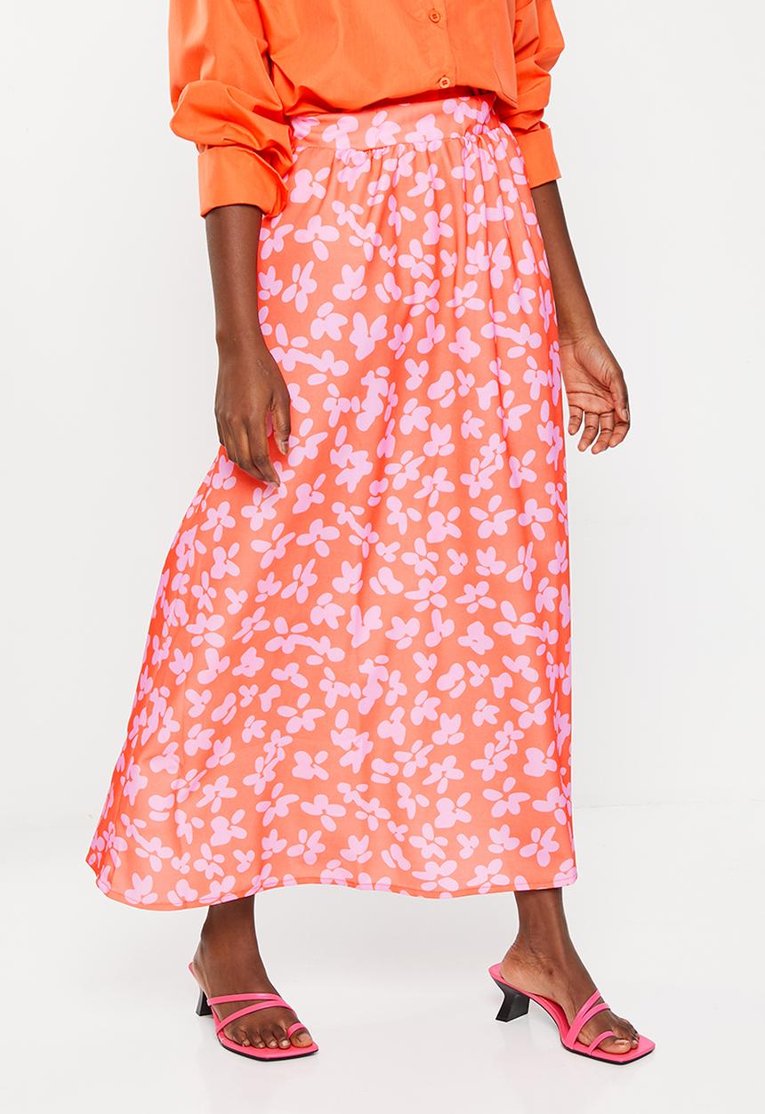 Trendyol - Floral printed knitted scuba crepe skirt  - pink & orange
