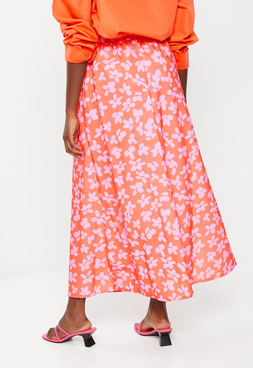 Trendyol - Floral printed knitted scuba crepe skirt  - pink & orange