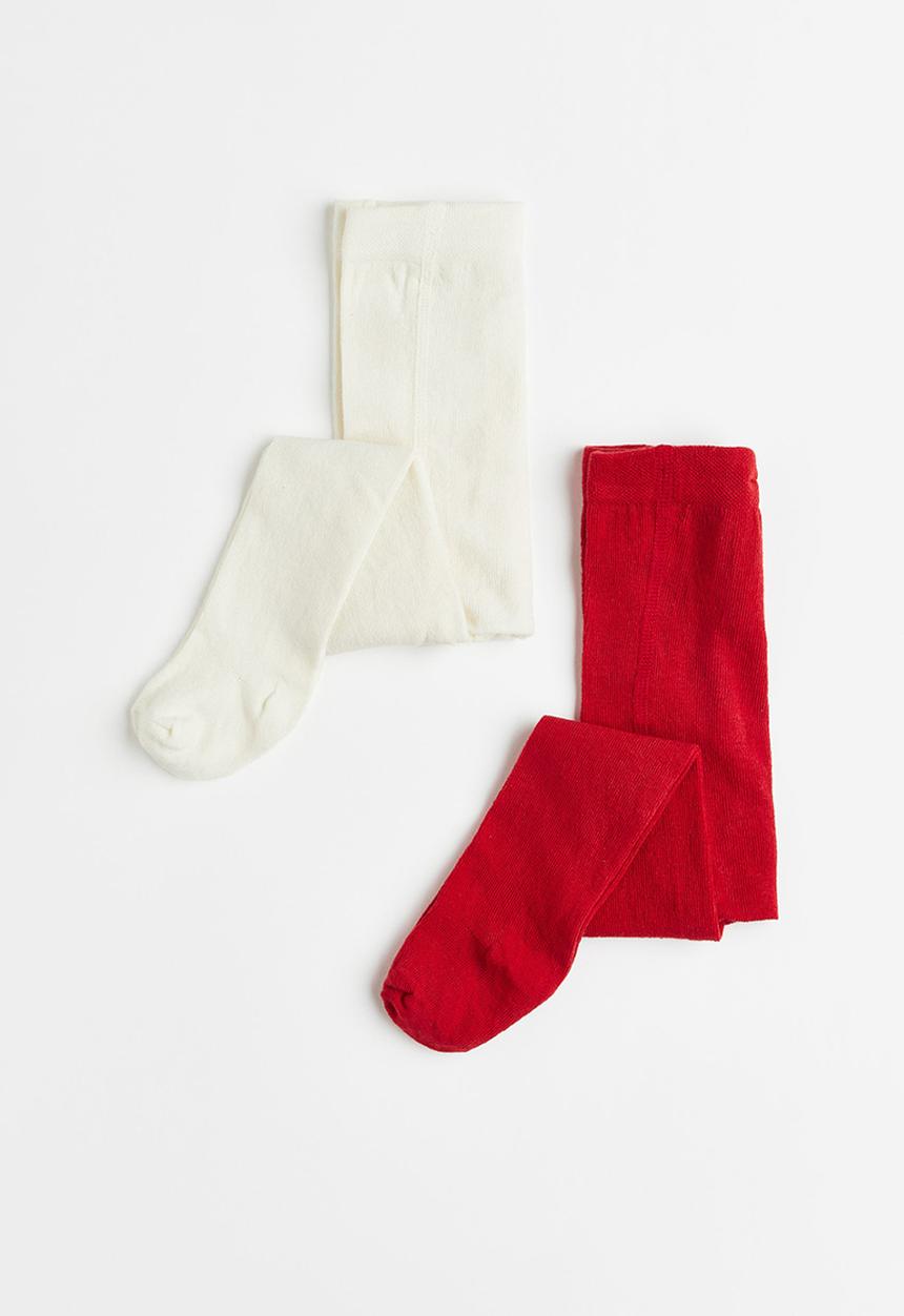 H&M - 2 Pack tights - red & natural white