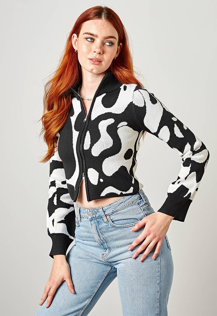 Daisy Street - Two way zip knitted cardigan - cream & black