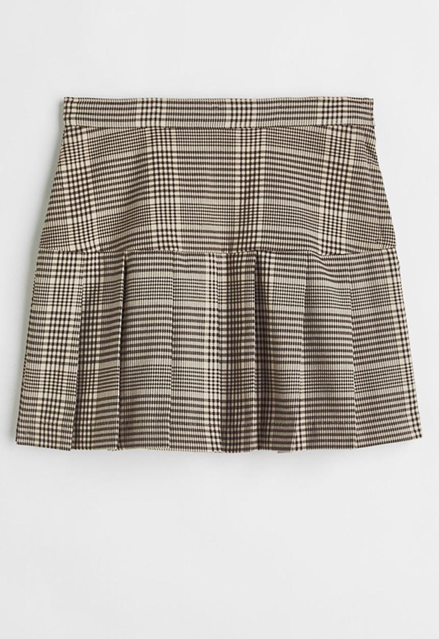 H&M - Pleated twill skirt - light beige/checked