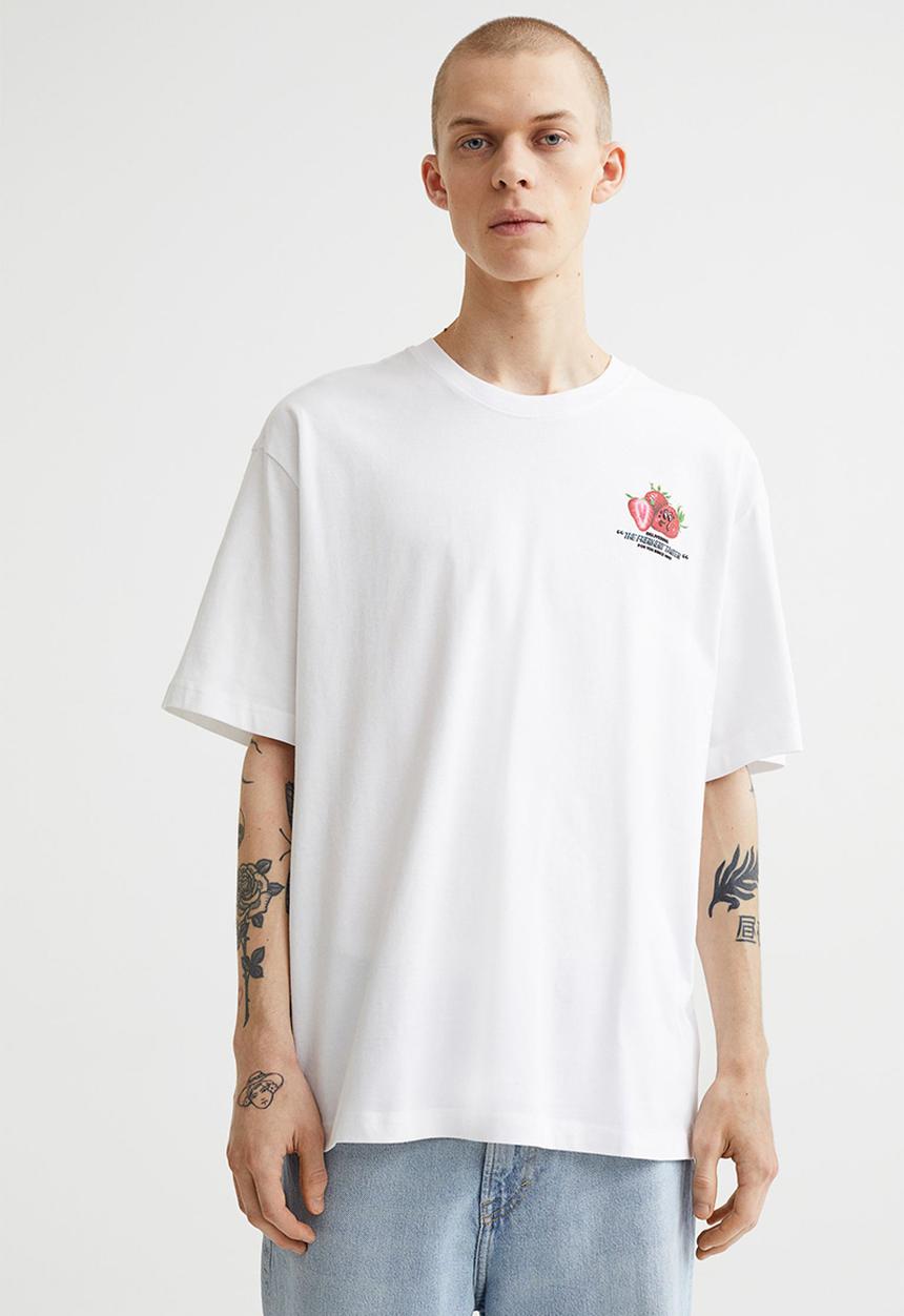 H&M - Relaxed fit cotton T-shirt - white/strawberries
