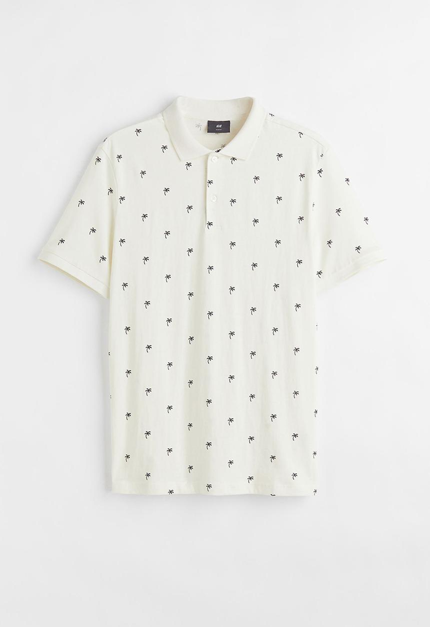 H&M - Slim fit patterned polo shirt - cream/palm trees
