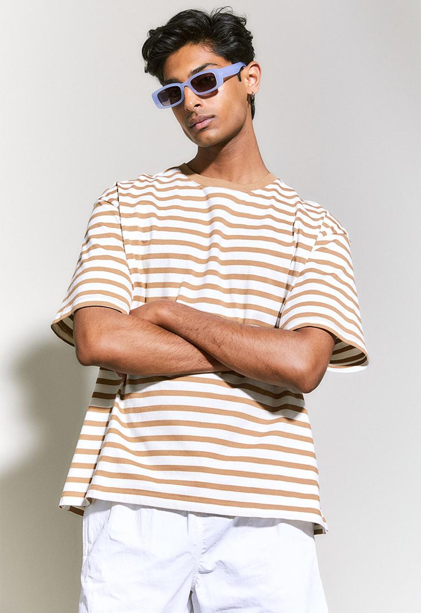 H&M - Relaxed fit cotton T-shirt - beige & white striped