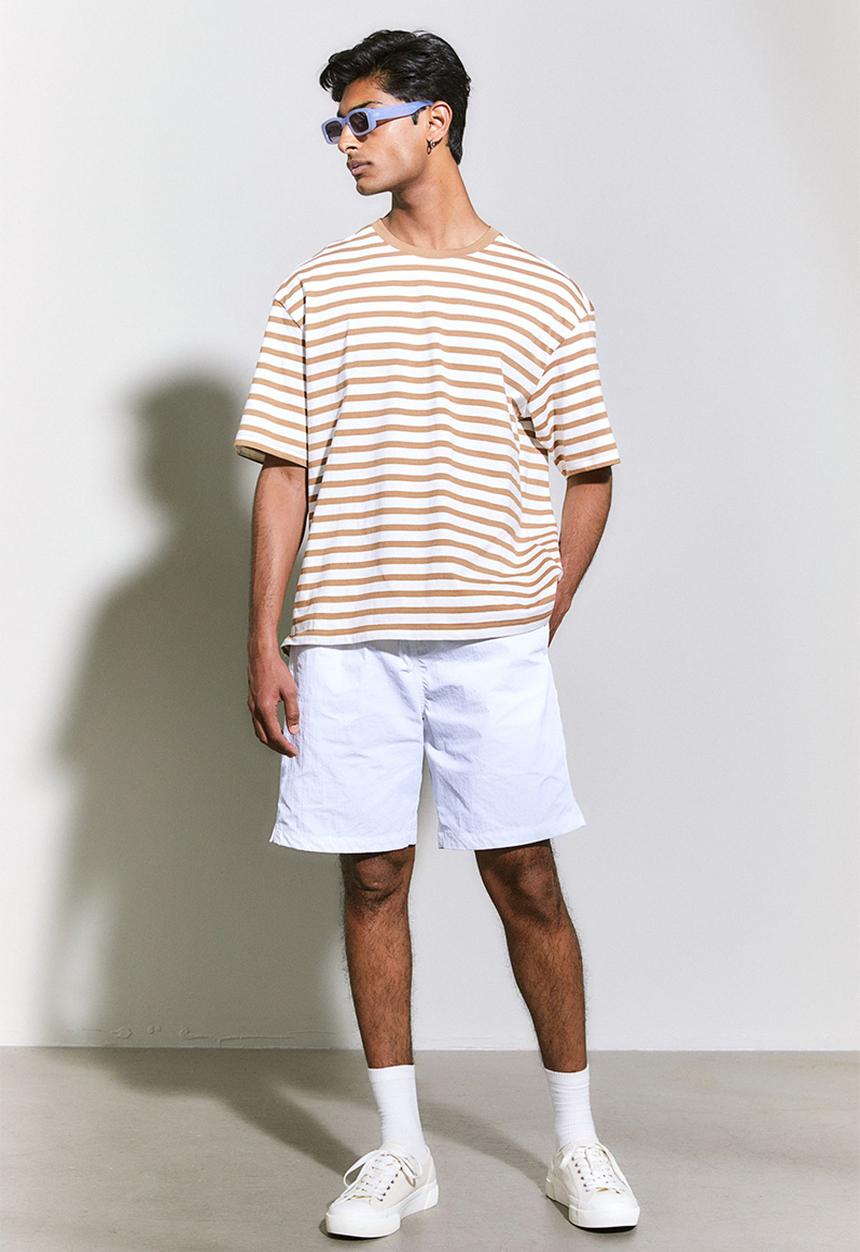 H&M - Relaxed fit cotton T-shirt - beige & white striped