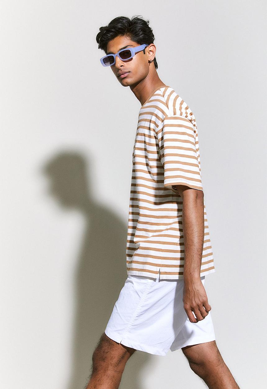 H&M - Relaxed fit cotton T-shirt - beige & white striped