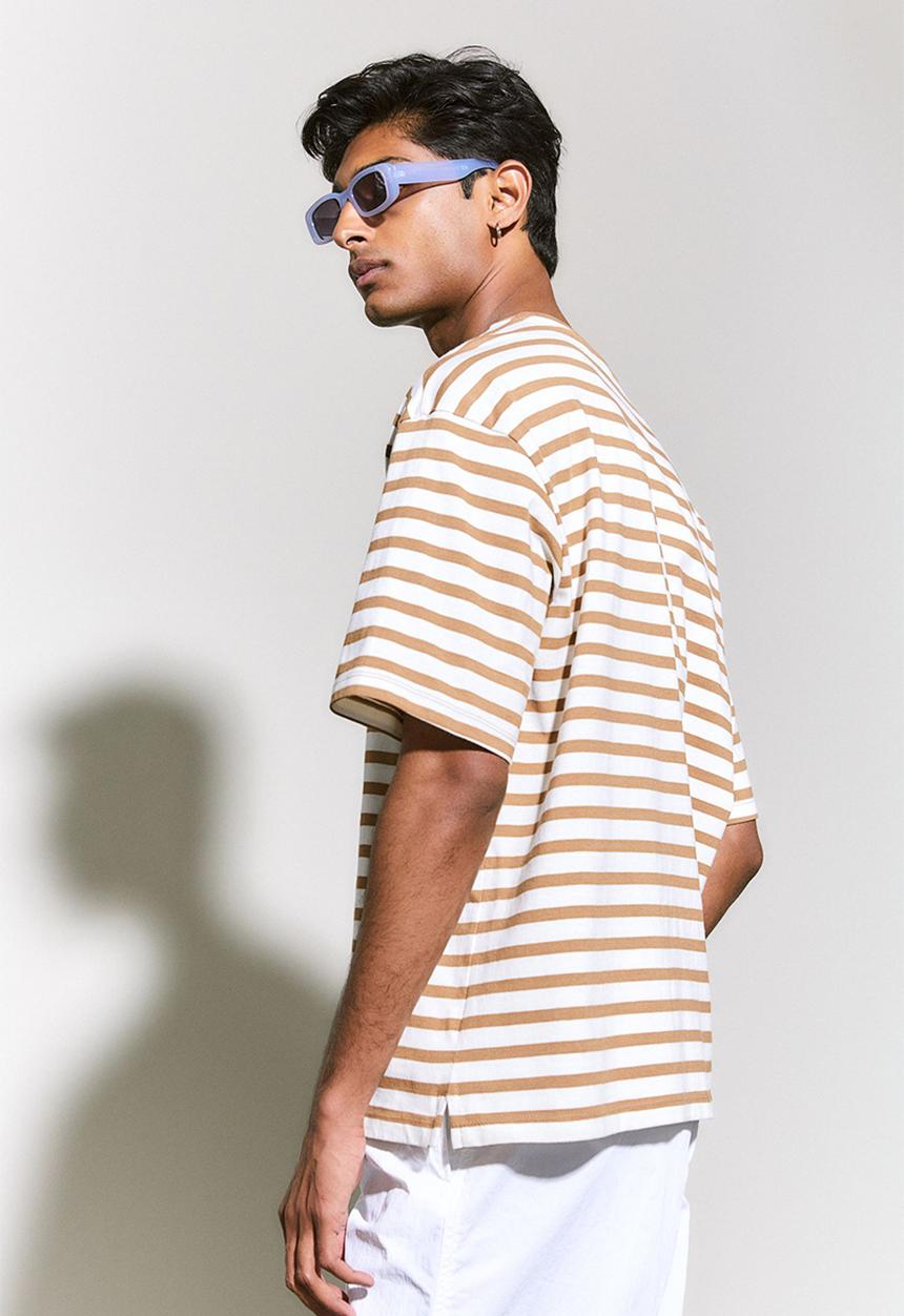 H&M - Relaxed fit cotton T-shirt - beige & white striped