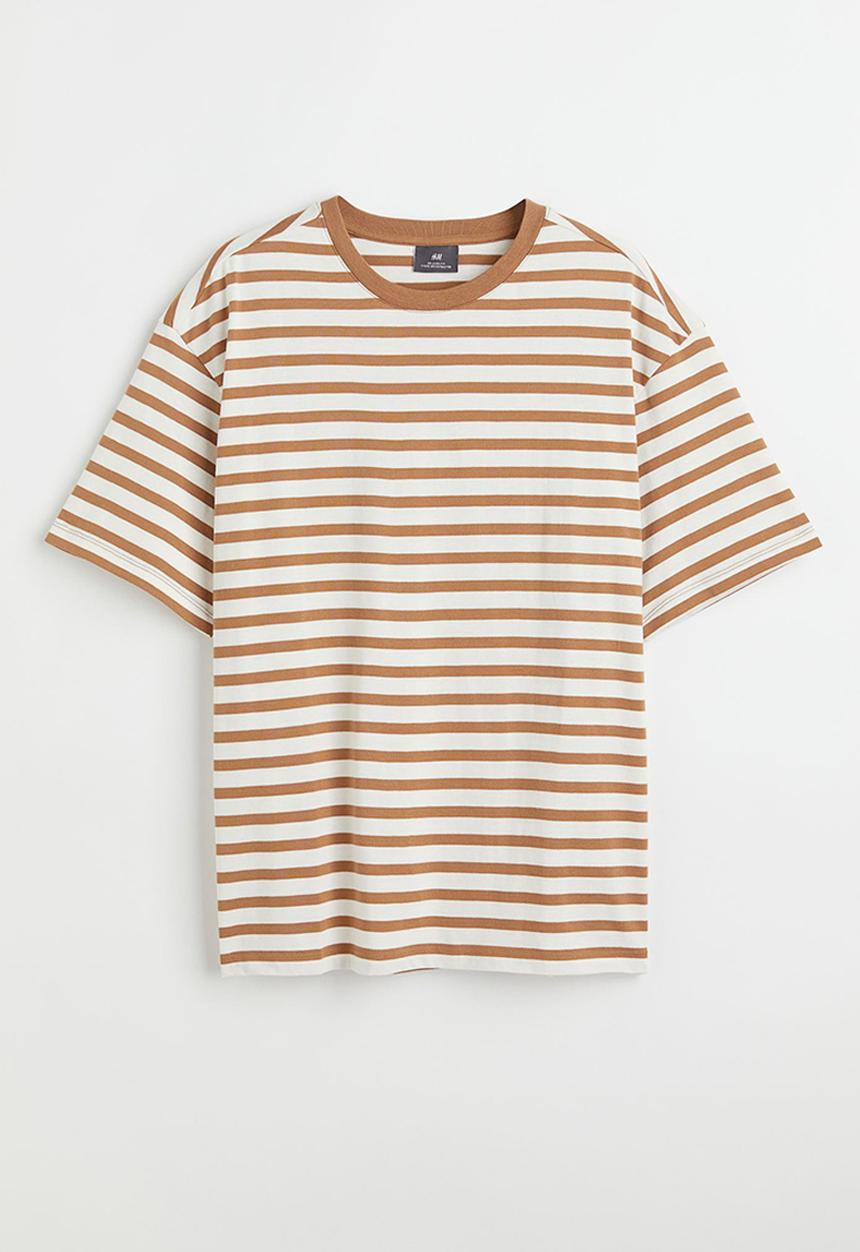H&M - Relaxed fit cotton T-shirt - beige & white striped