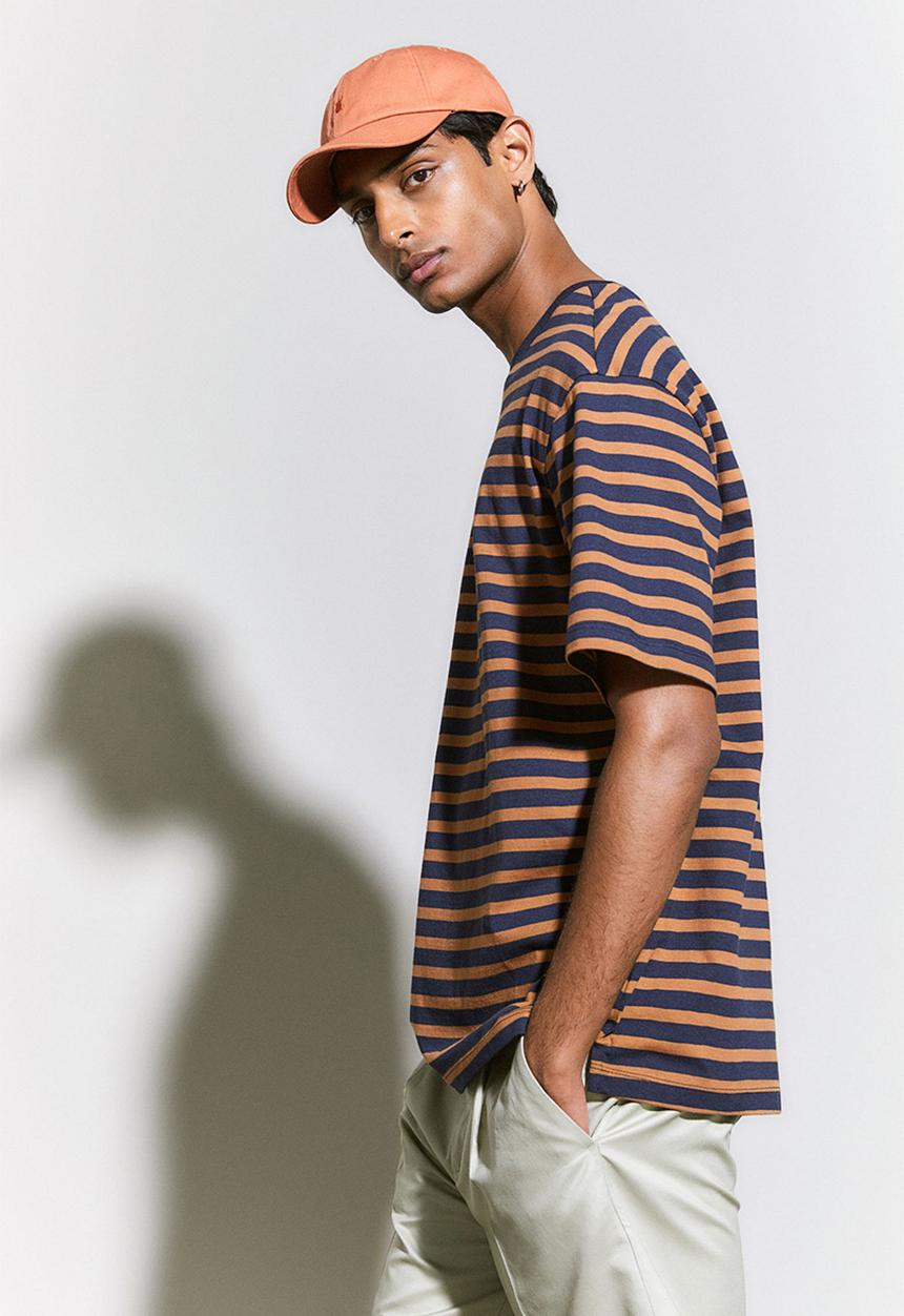 H&M - Relaxed fit cotton T-shirt - dark blue & brown striped