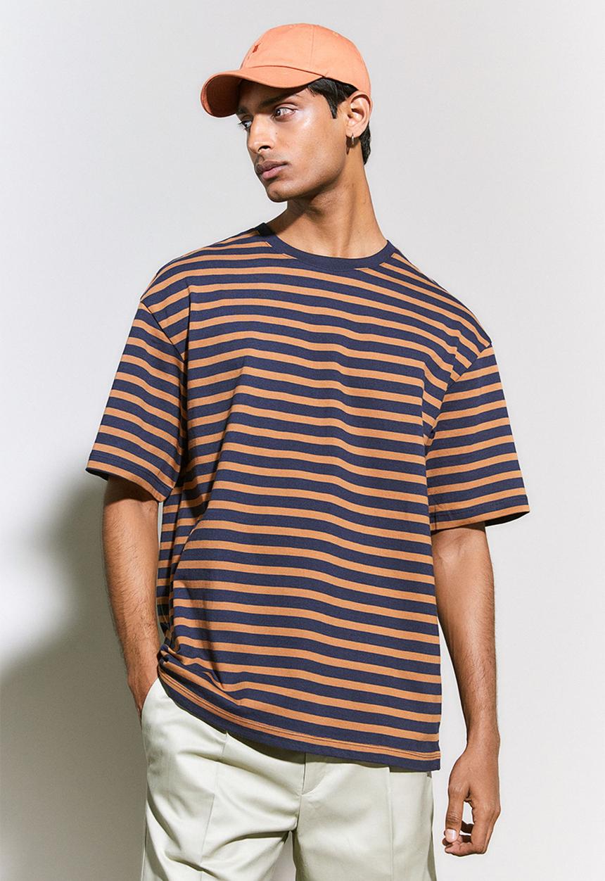 H&M - Relaxed fit cotton T-shirt - dark blue & brown striped