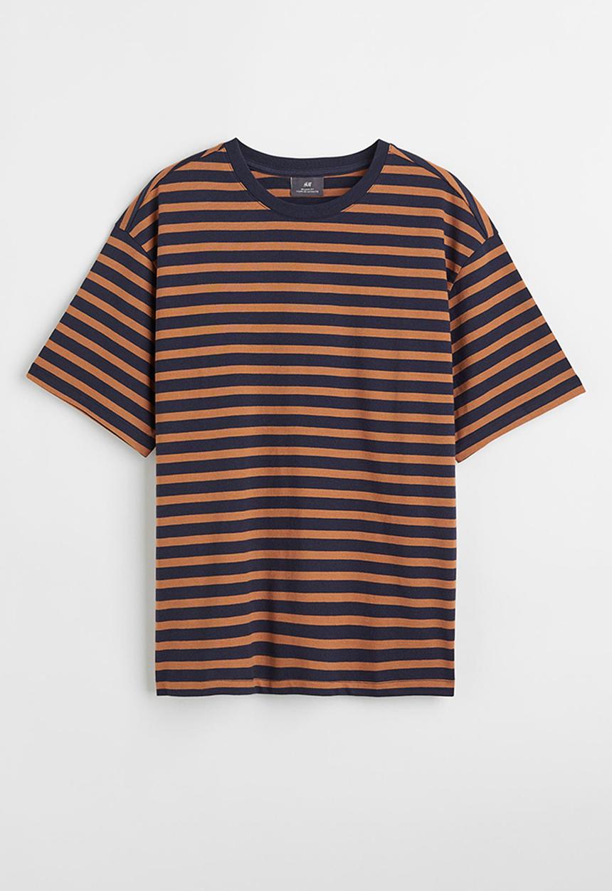H&M - Relaxed fit cotton T-shirt - dark blue & brown striped