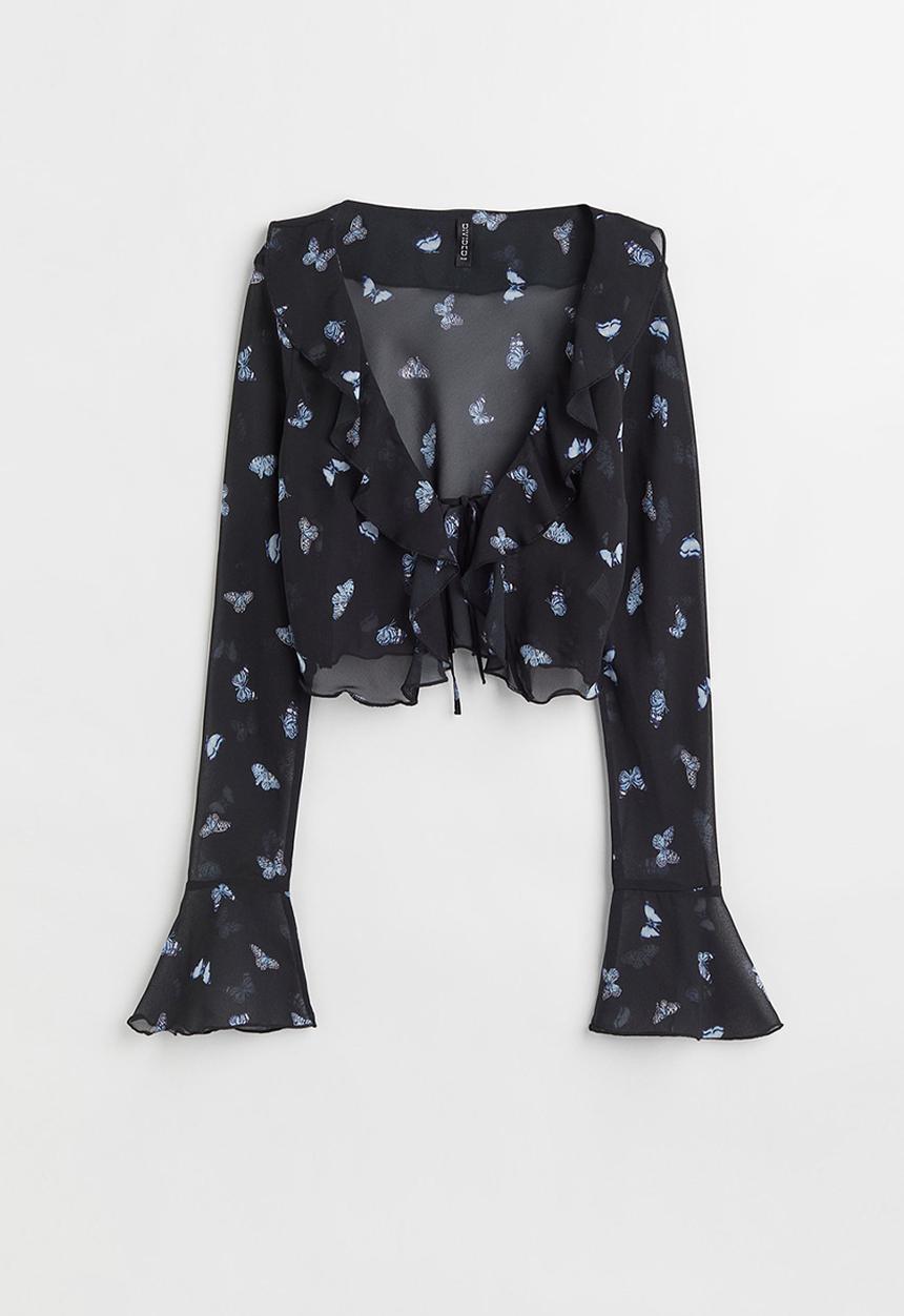 H&M - Flounce-trimmed chiffon blouse - black/butterflies