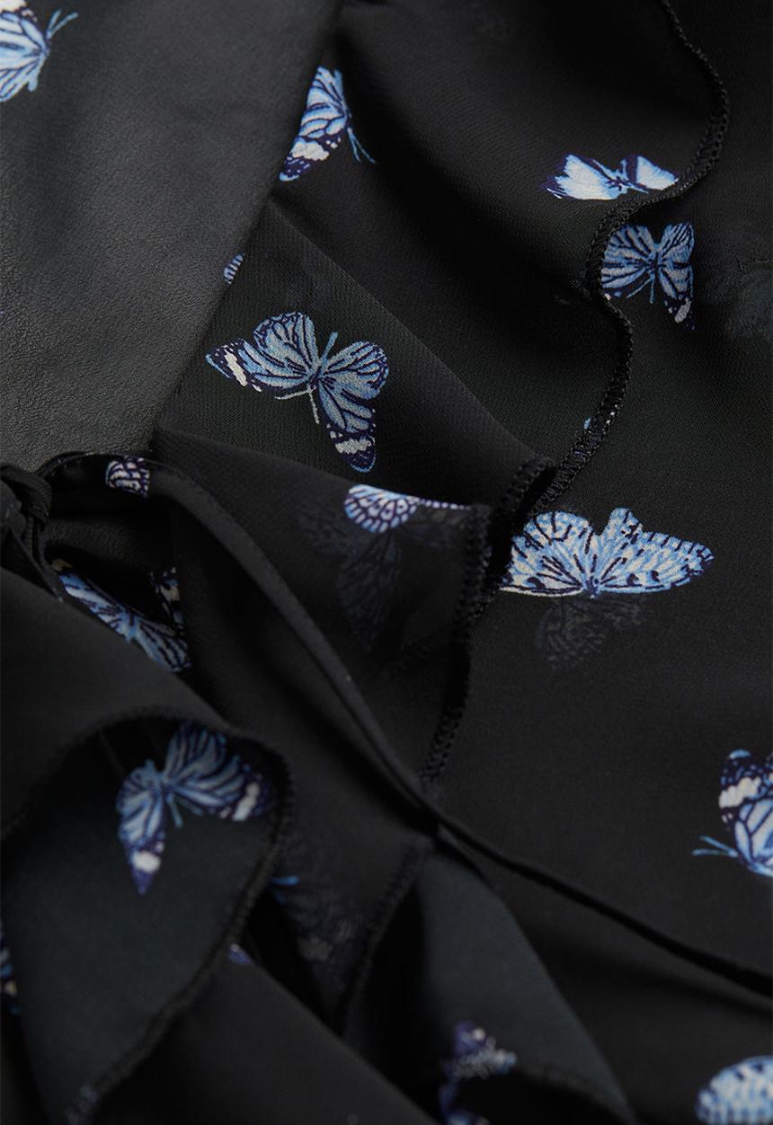 H&M - Flounce-trimmed chiffon blouse - black/butterflies