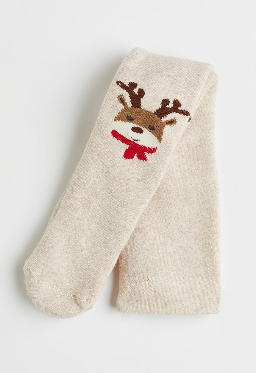 H&M - Terry-lined tights - light beige marl/reindeer