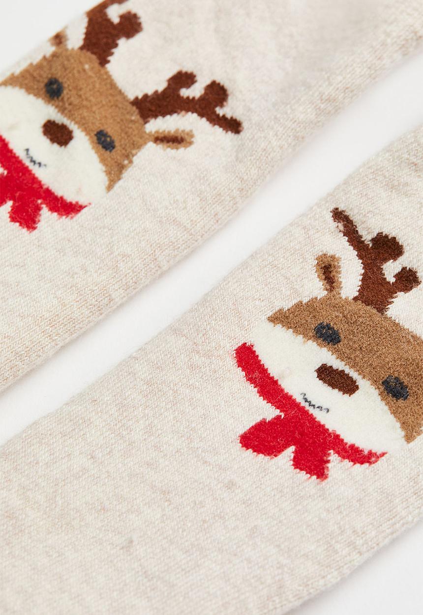 H&M - Terry-lined tights - light beige marl/reindeer