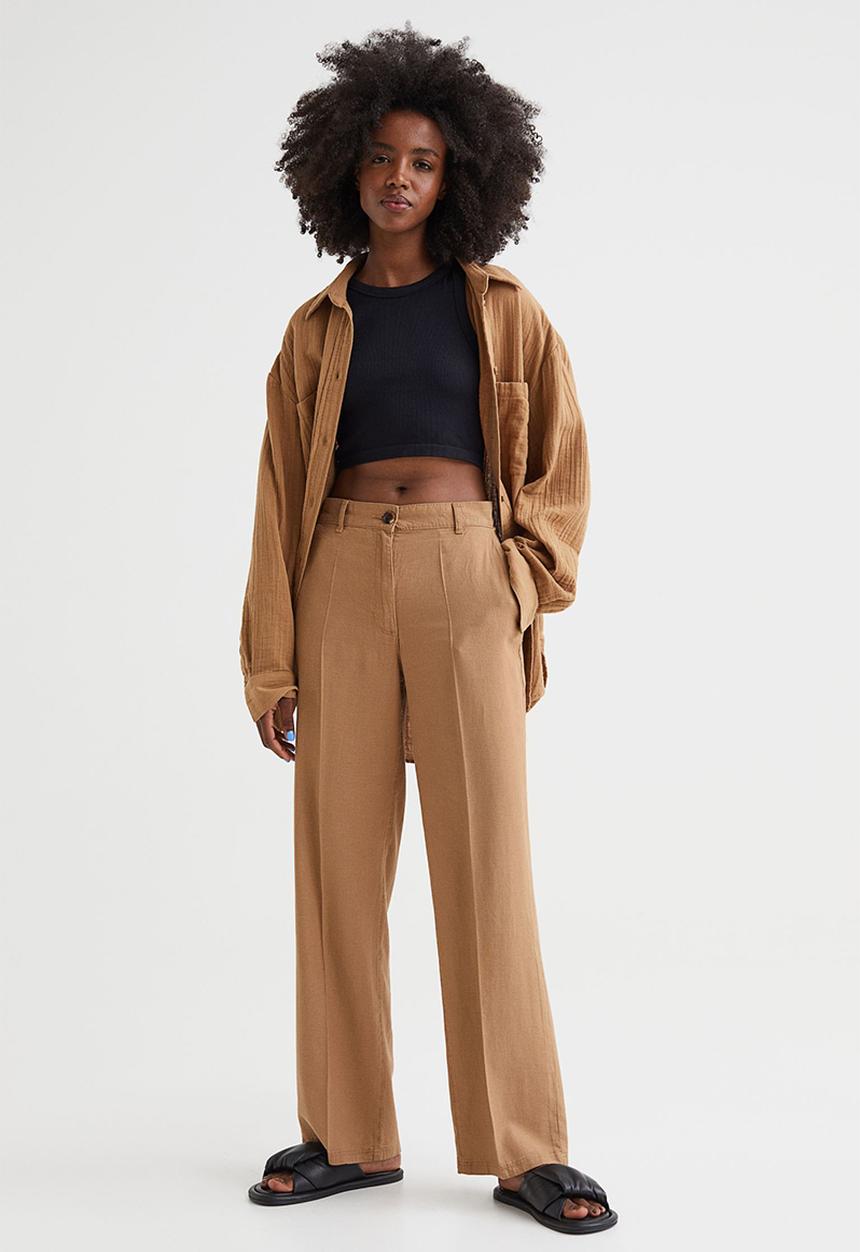 H&M - Straight linen-blend trousers - dark beige