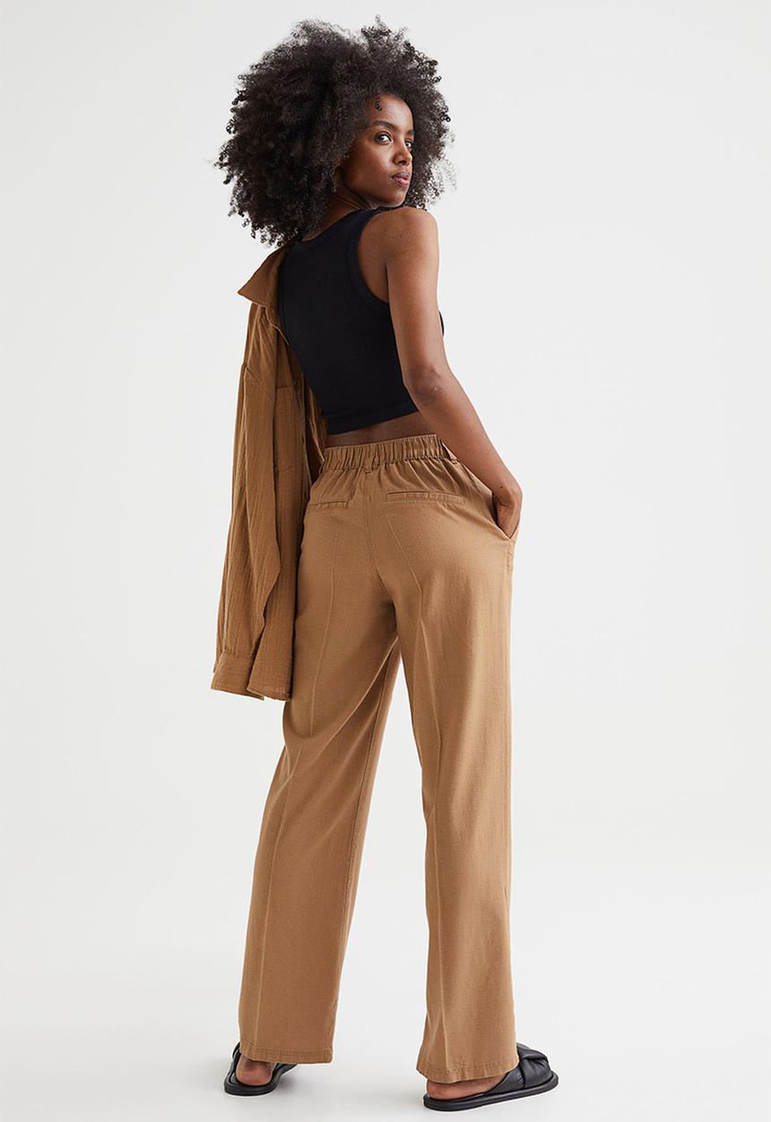 H&M - Straight linen-blend trousers - dark beige