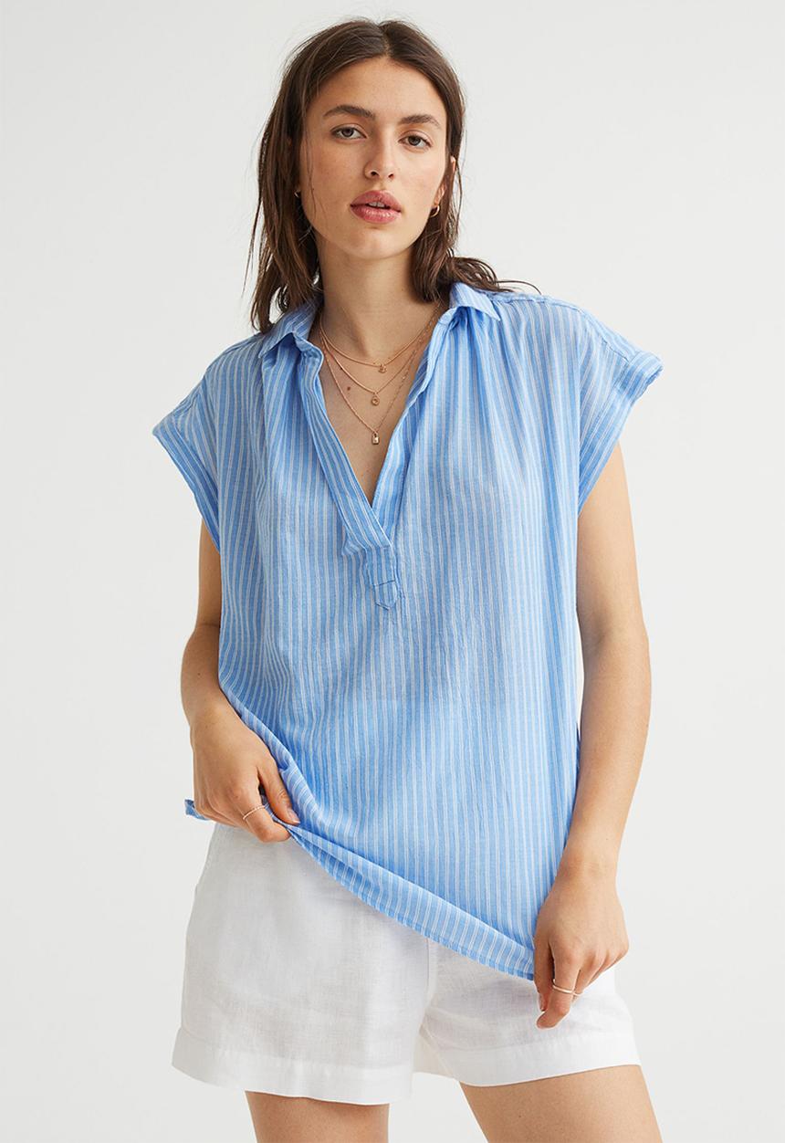 H&M - V-neck cotton blouse - light blue/striped
