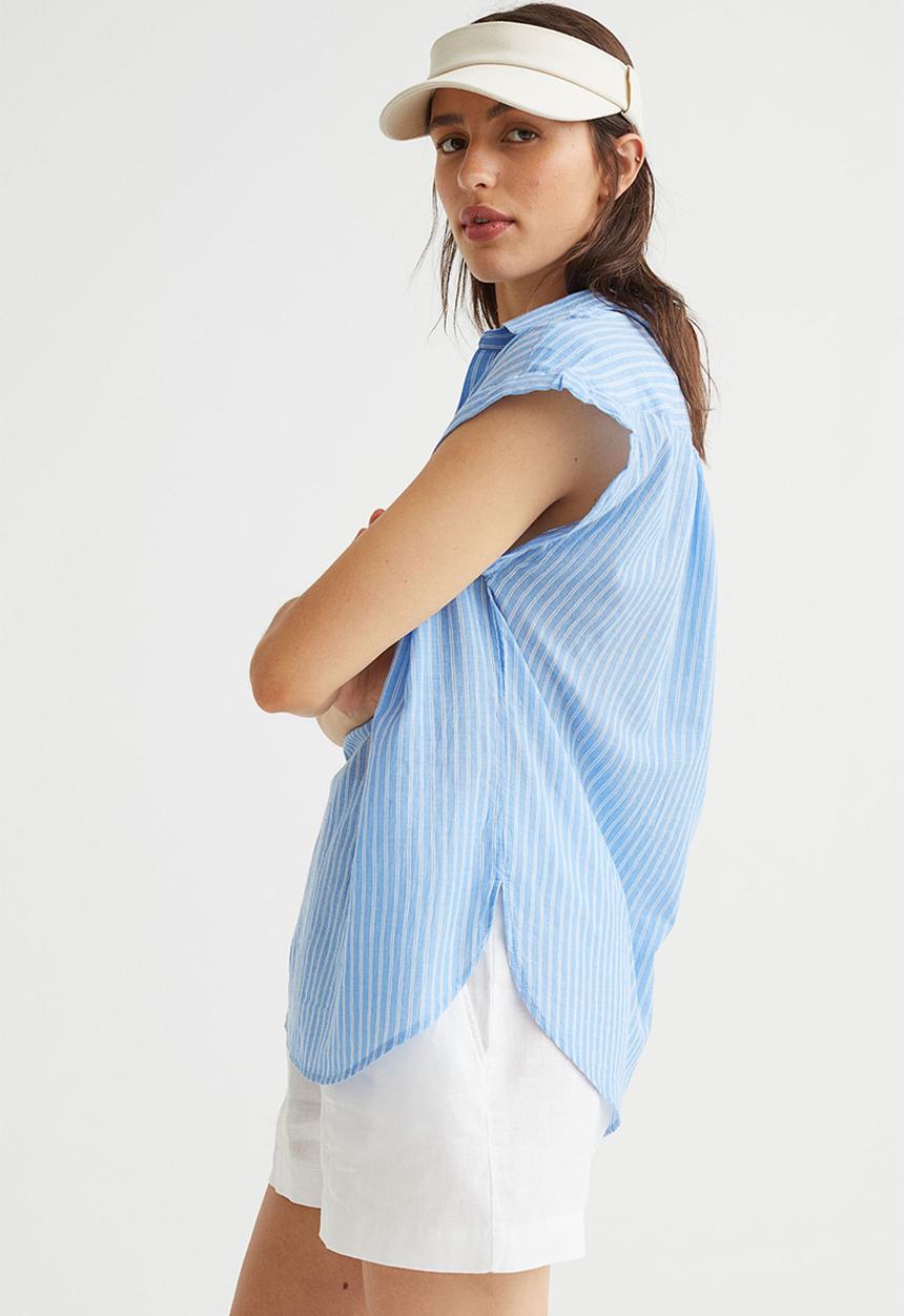 H&M - V-neck cotton blouse - light blue/striped