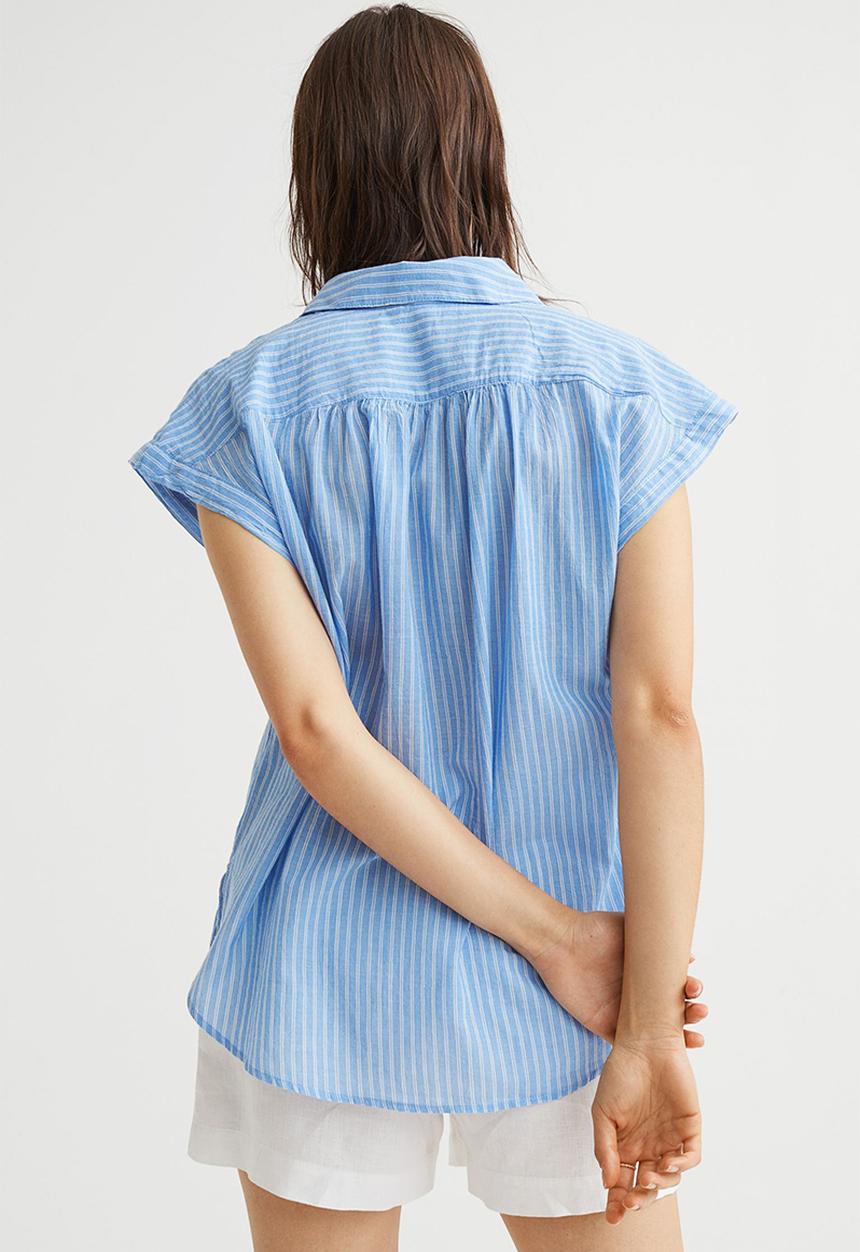 H&M - V-neck cotton blouse - light blue/striped