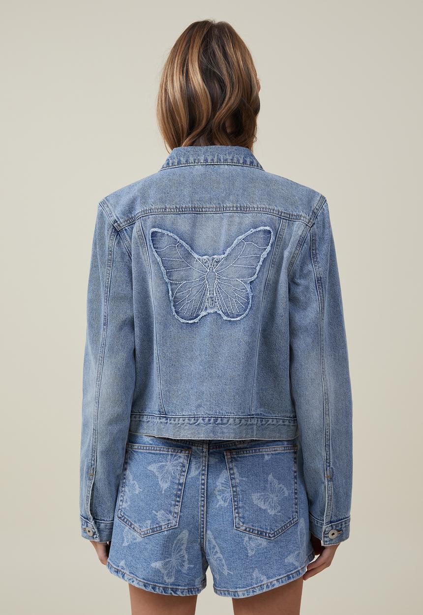 Cotton On - Butterfly girlfriend denim jacket - blue butterfly