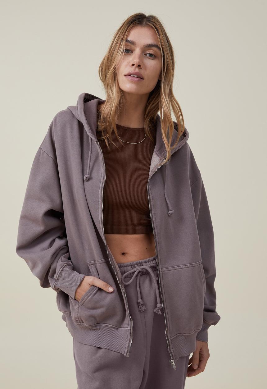 Cotton On - Classic washed zip-through hoodie - washed mocha 