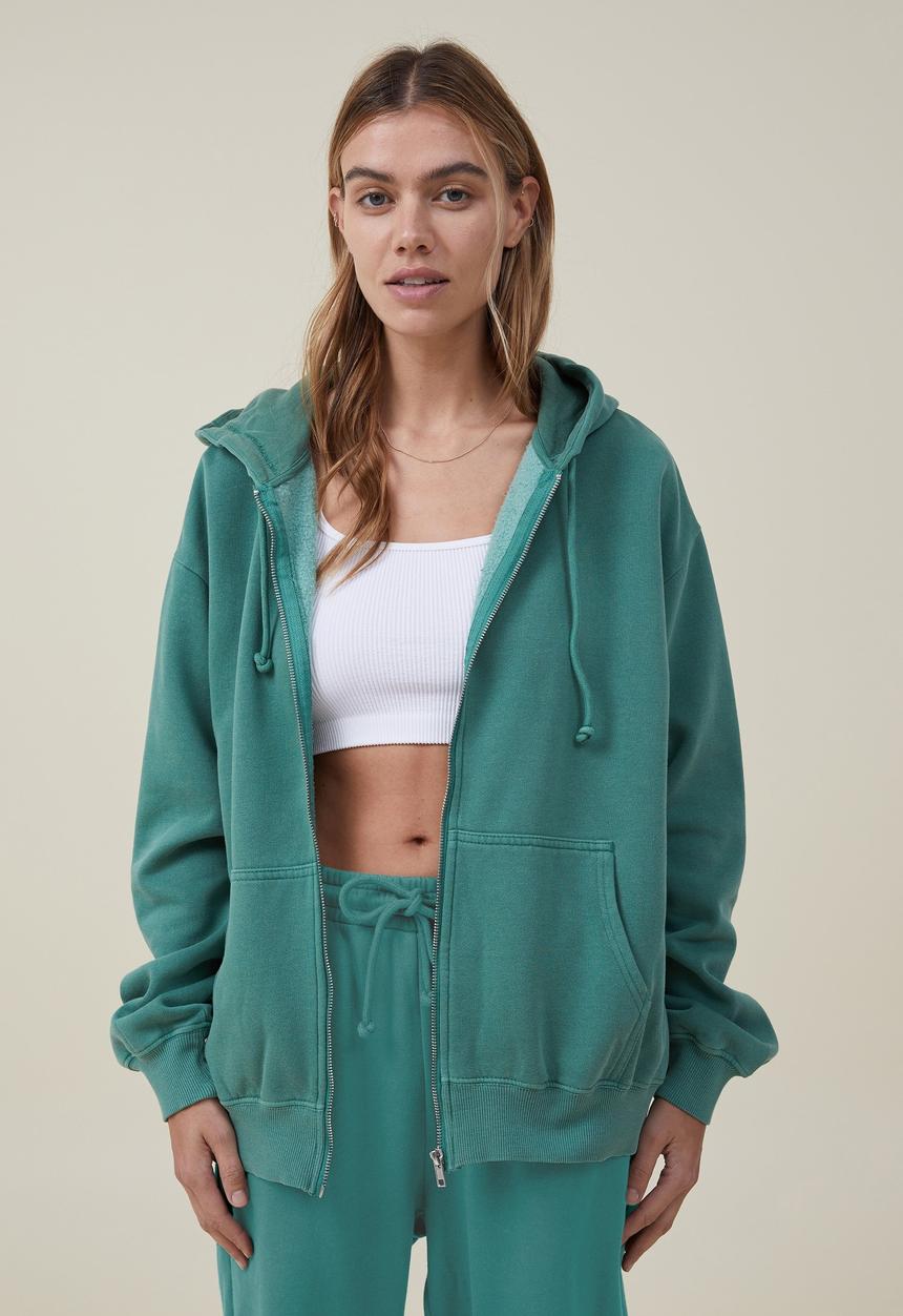Cotton On - Classic washed zip-through hoodie - washed jade 