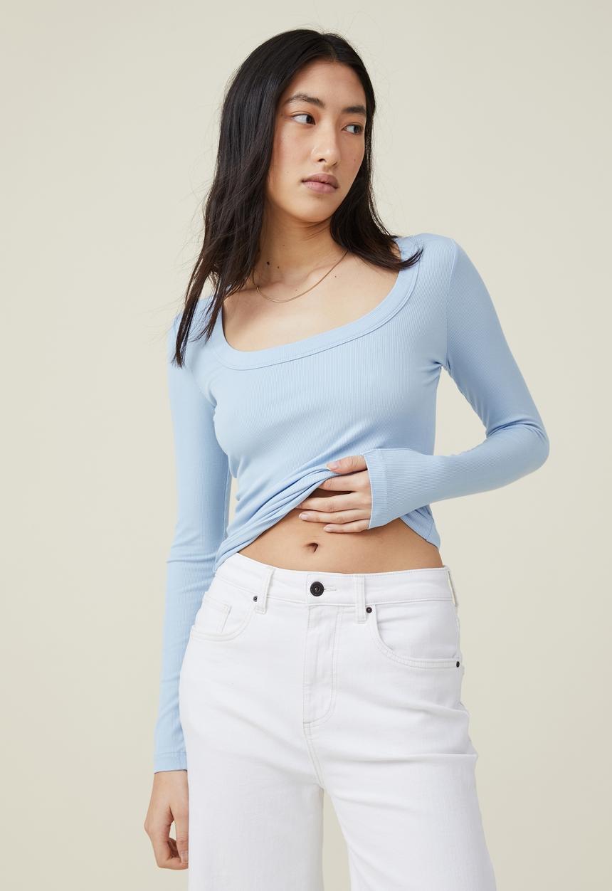 Cotton On - Staple rib scoop beck long sleeve top - seaside blue