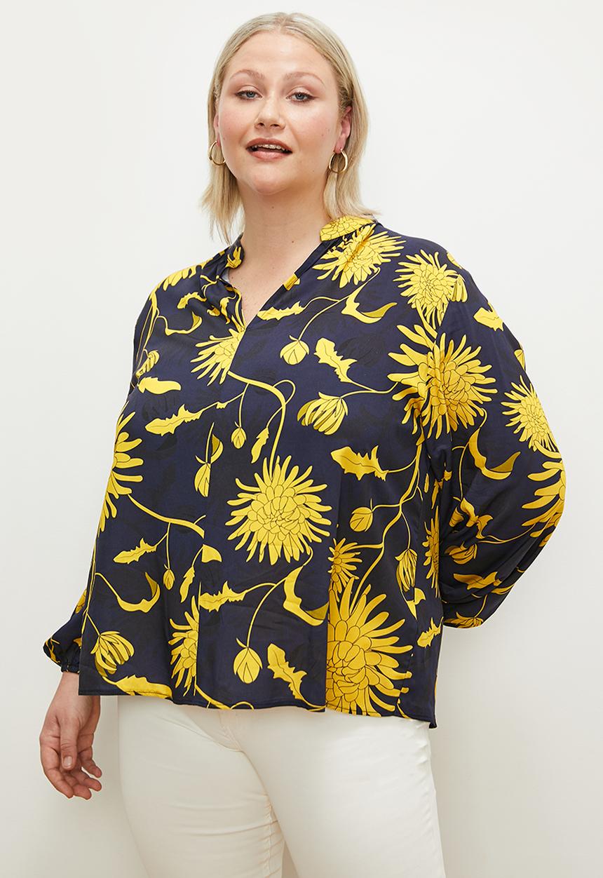 edit Plus - V  neck blouse  - navy & yellow