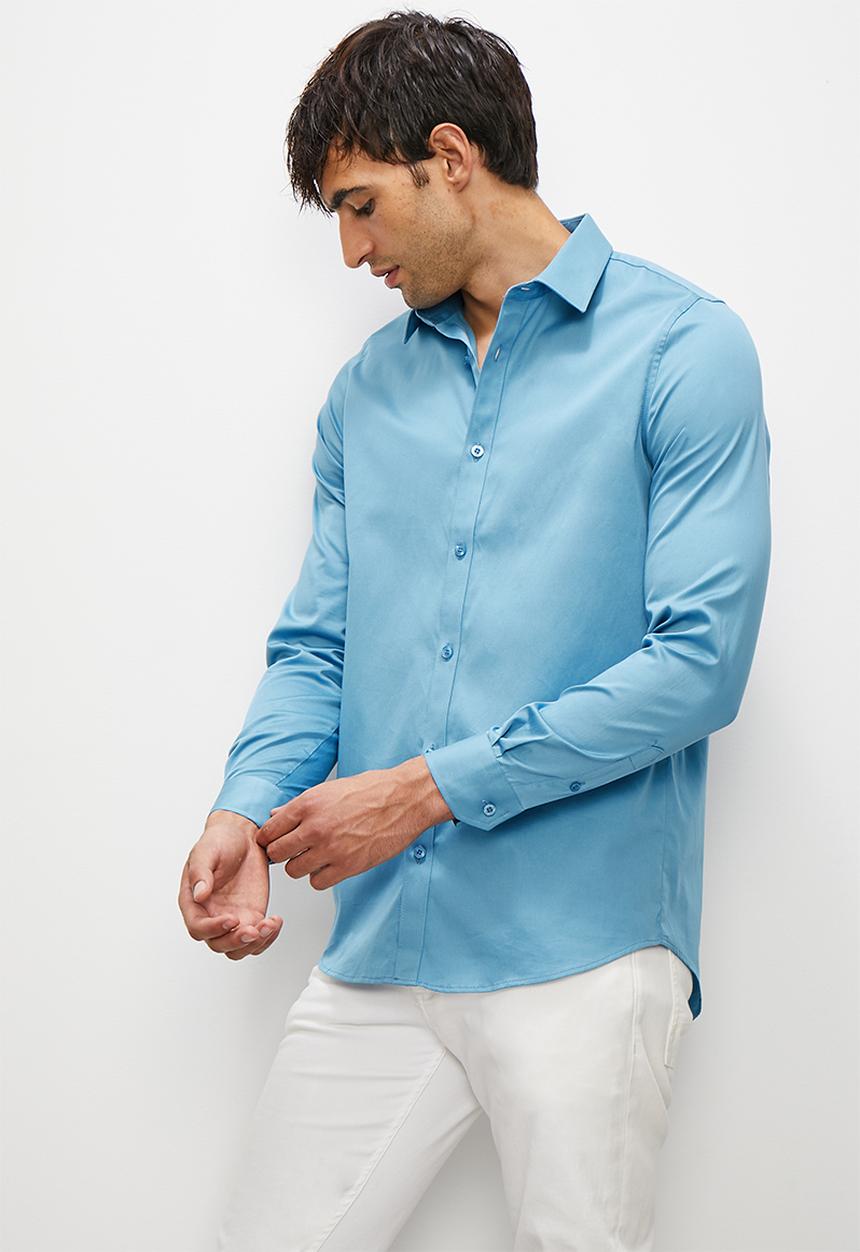 Superbalist - Slim fit cotton sateen stretch shirt - bluesteel