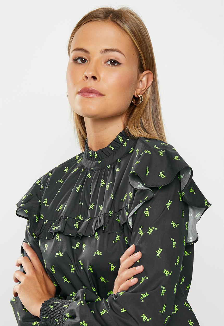 Glamorous - Ruffle shoulder co-ord blouse - black lime flower