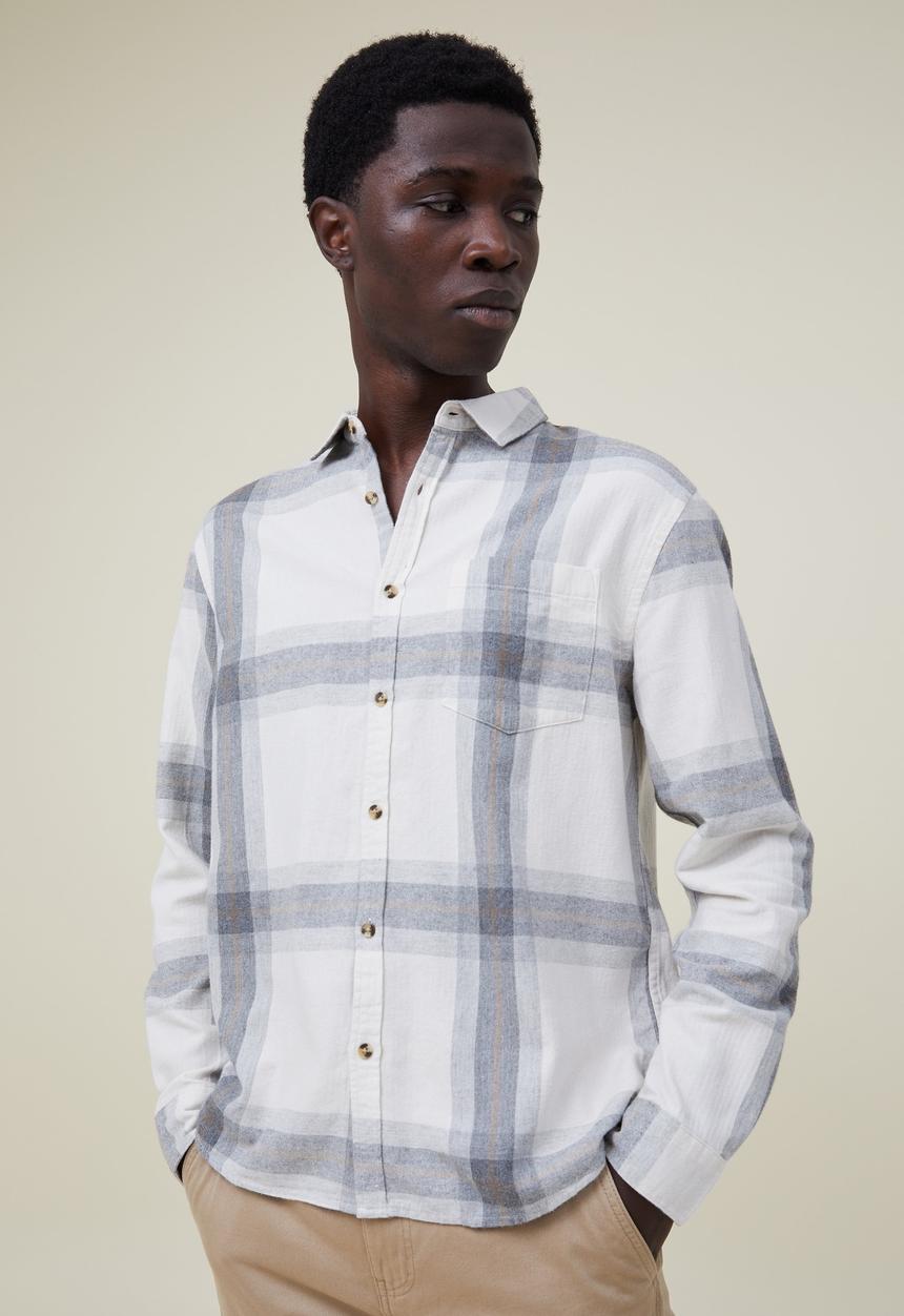 Cotton On - Camden long sleeve shirt - ivory big check