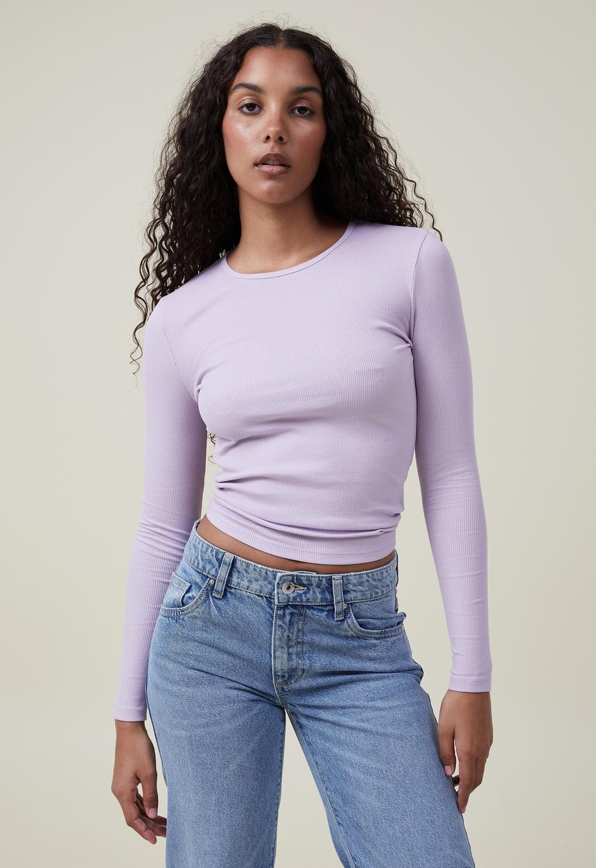 Cotton On - The one organic rib crew long sleeve top - light lilac 