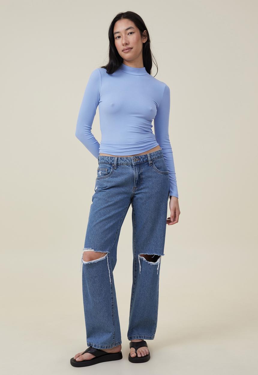 Cotton On - Staple rib mock neck long sleeve top - blue chalk 