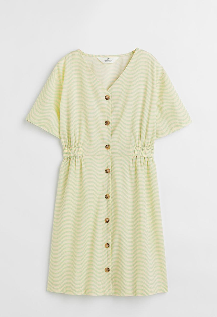 H&M - Short-sleeved cotton dress - light yellow/patterned