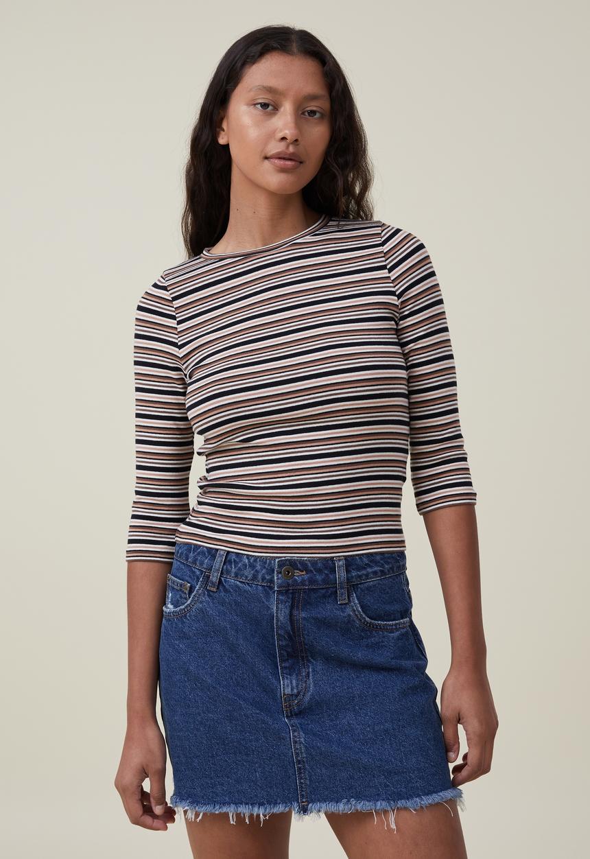 Cotton On - Jamie 3/4 sleeve top - alanis stripe rich brown